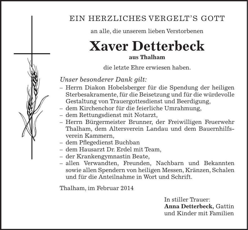 Traueranzeige Xaver Detterbeck