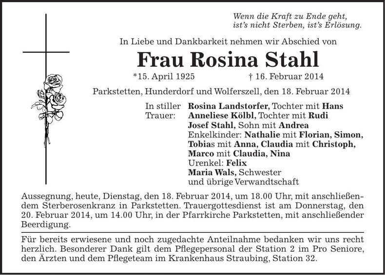 Traueranzeige Rosina Stahl