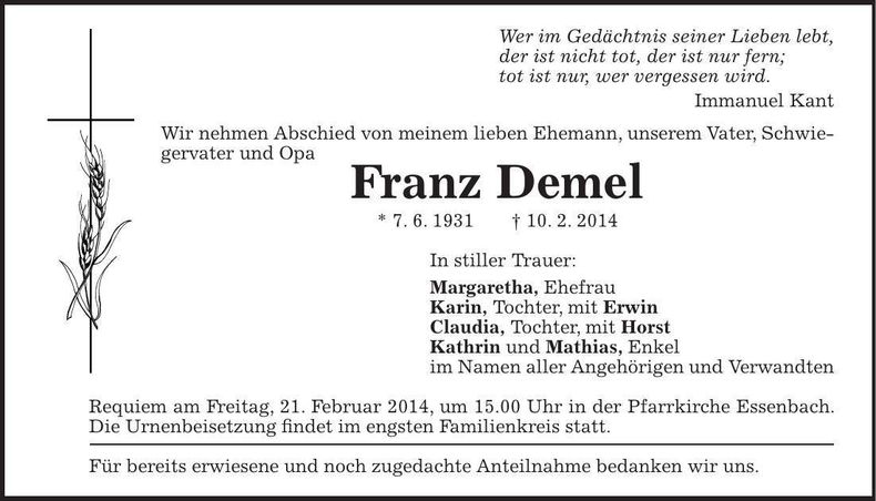 Traueranzeige Franz Demel