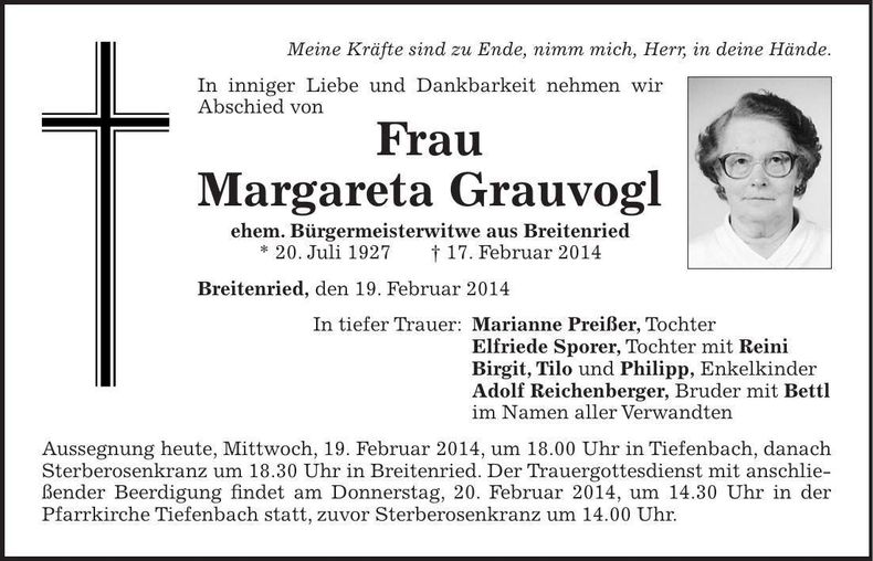 Traueranzeige Margareta Grauvogl
