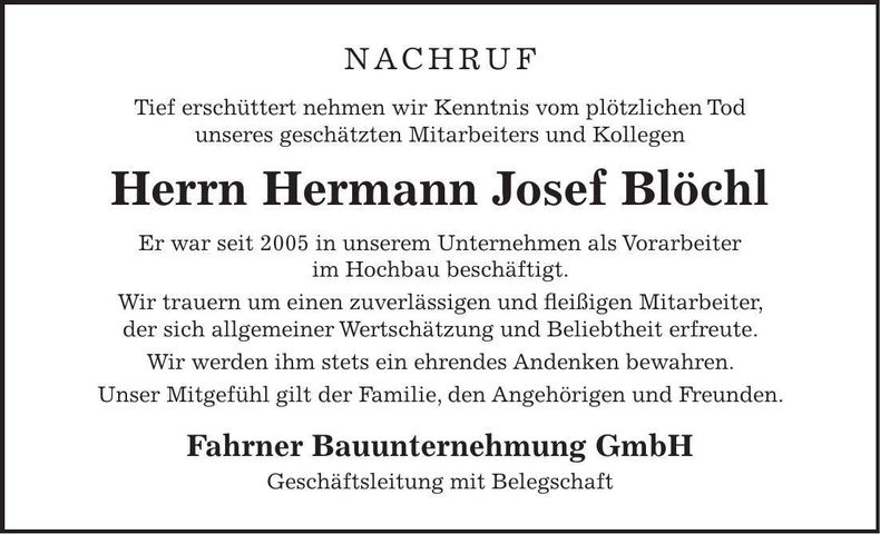 Traueranzeige Hermann Josef Blöchl
