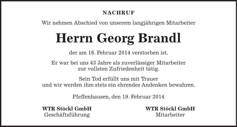 Traueranzeige Georg Brandl