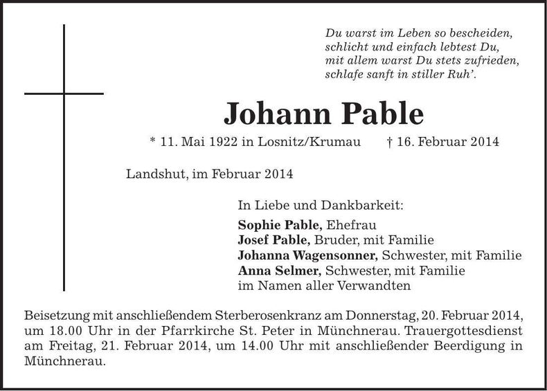 Traueranzeige Johann Pable