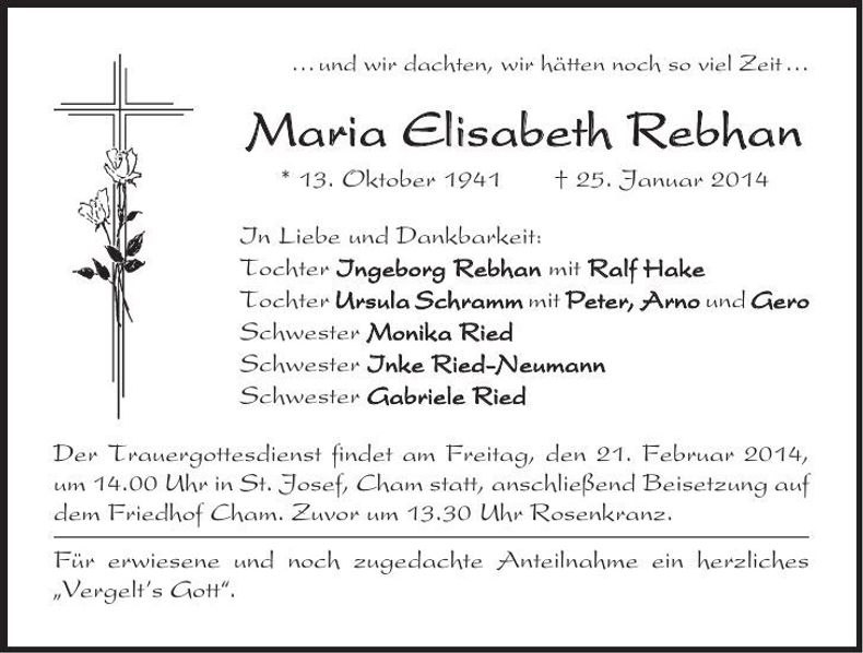 Traueranzeige Maria Elisabeth Rebhan