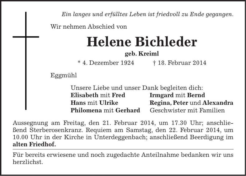 Traueranzeige Helene Bichleder
