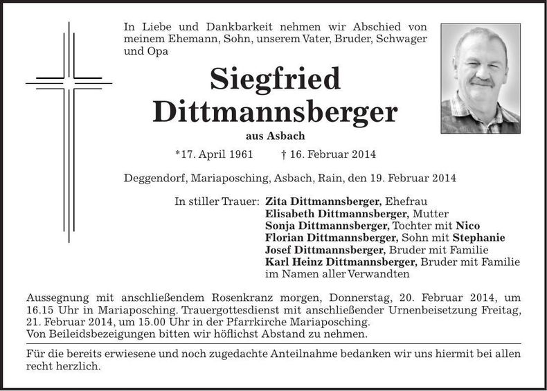 Traueranzeige Siegfried Dittmannsberger