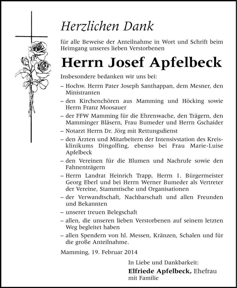 Traueranzeige Josef Apfelbeck