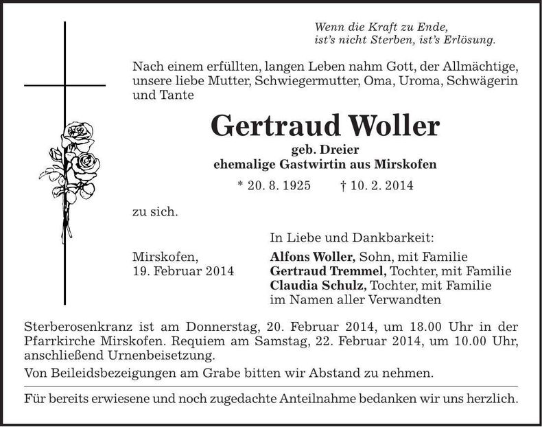 Traueranzeige Gertraud Woller