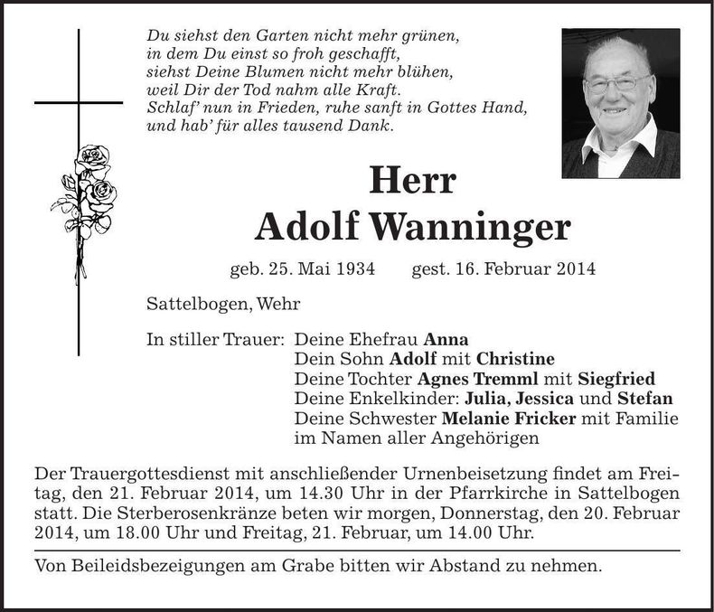 Traueranzeige Adolf Wanninger