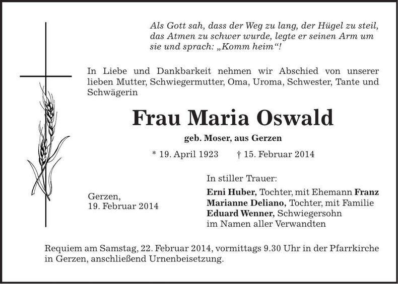 Traueranzeige Maria Oswald