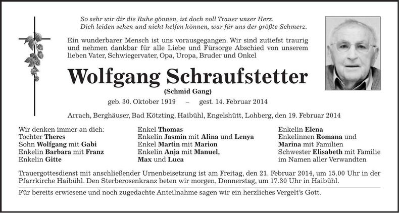 Traueranzeige Wolfgang Schraufstetter