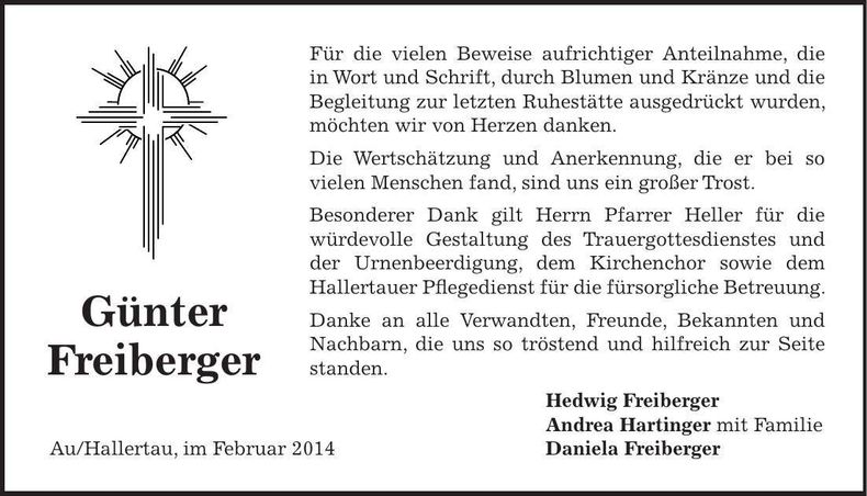 Traueranzeige Günter Freiberger
