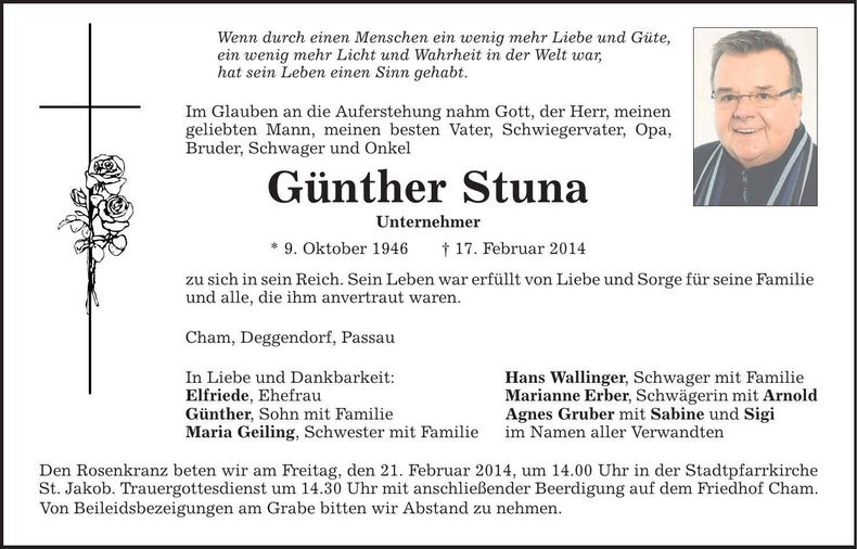 Traueranzeige Günther Stuna