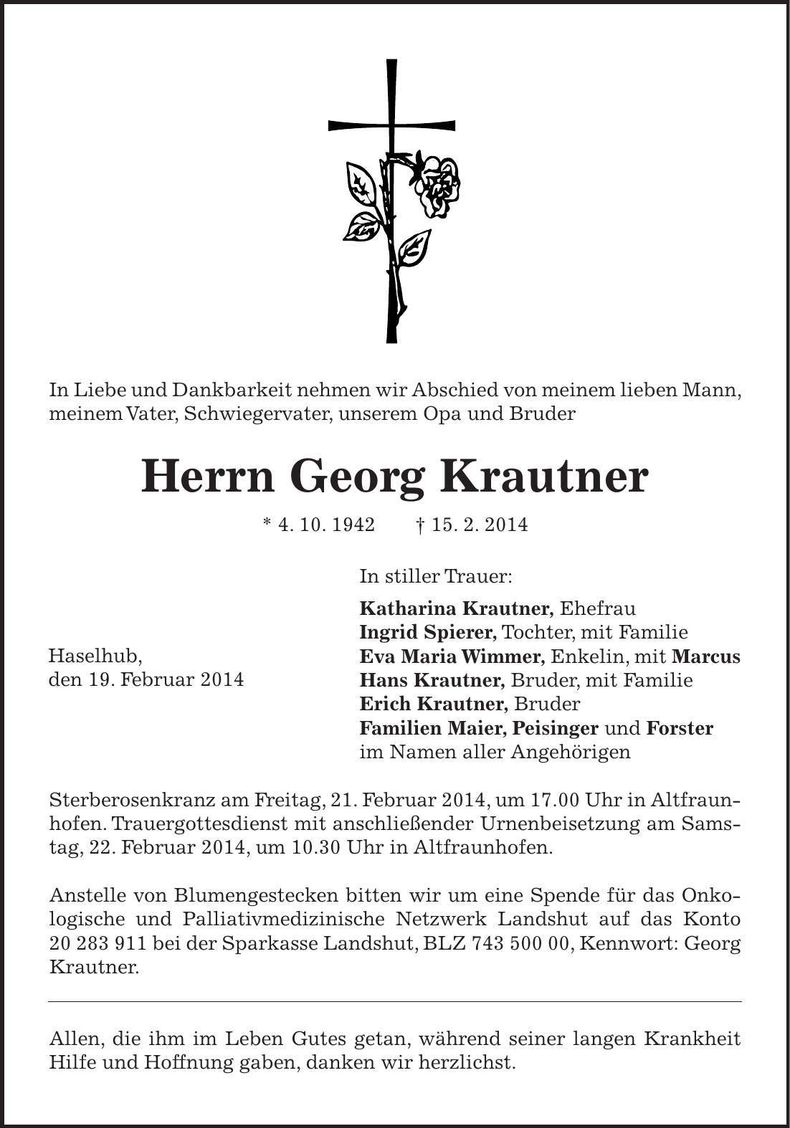Traueranzeige Georg Krautner