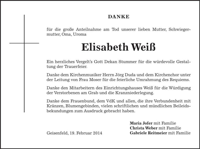 Traueranzeige Elisabeth Weiß
