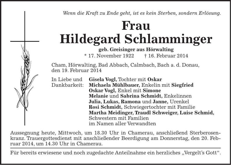 Traueranzeige Hildegard Schlamminger