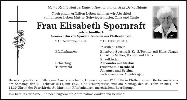 Traueranzeige Elisabeth Spornraft