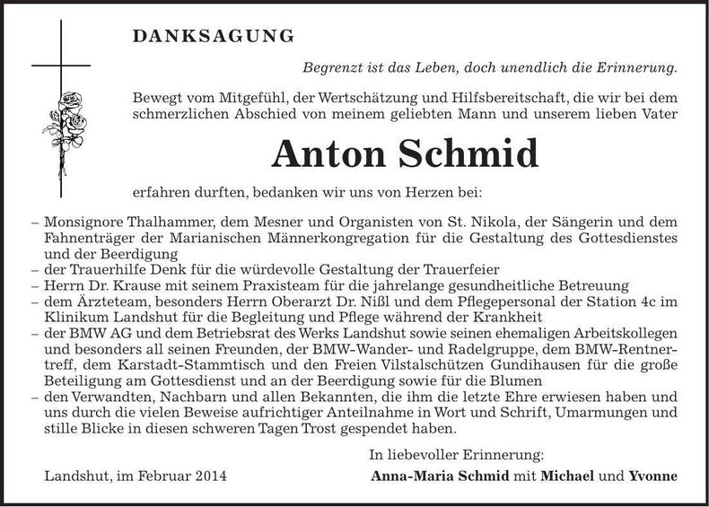 Traueranzeige Anton Schmid