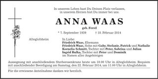 Traueranzeige Anna Waas