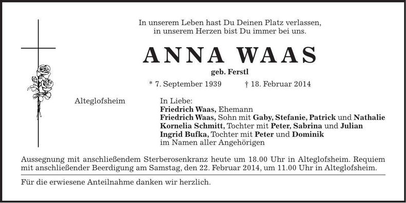 Traueranzeige Anna Waas