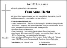 Traueranzeige Anna Hecht