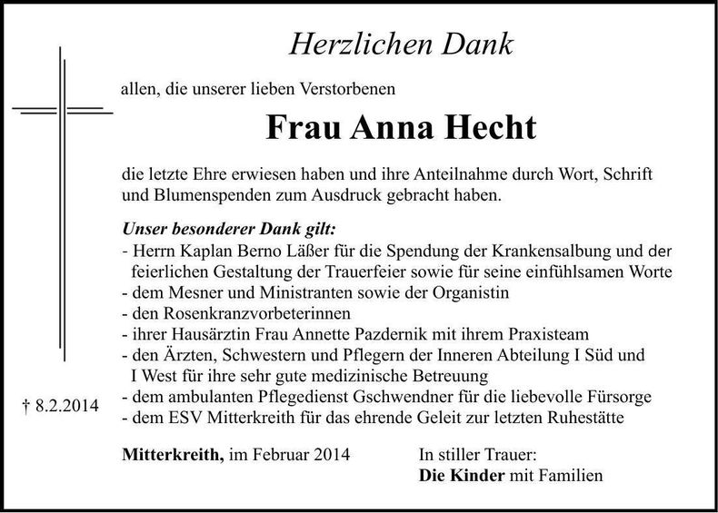 Traueranzeige Anna Hecht