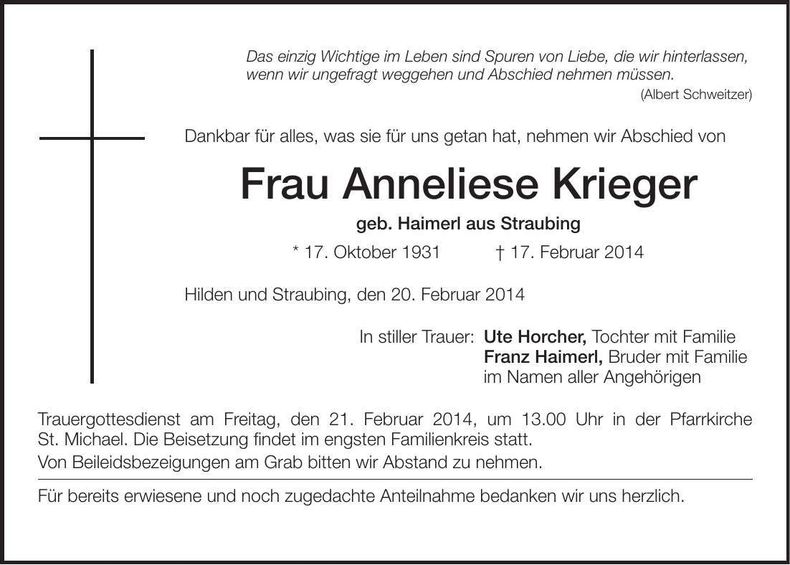 Traueranzeige Anneliese Krieger