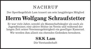 Traueranzeige Wolfgang Schrauftstetter