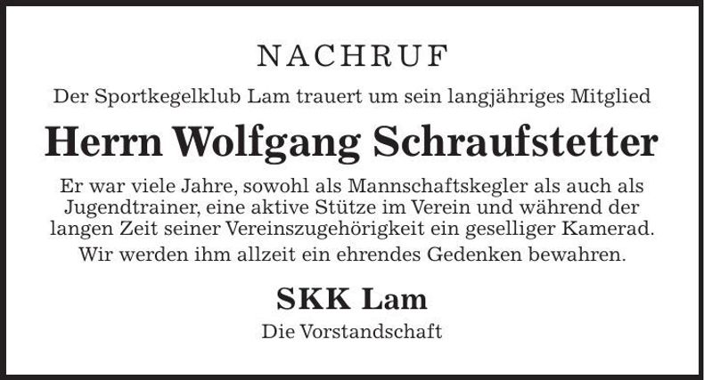 Traueranzeige Wolfgang Schrauftstetter