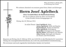 Traueranzeige Josef Apfelbeck