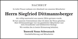 Traueranzeige Siegfried Dittmannsberger