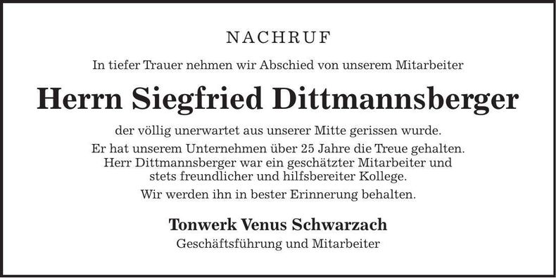 Traueranzeige Siegfried Dittmannsberger