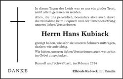 Traueranzeige Hans Kubiack