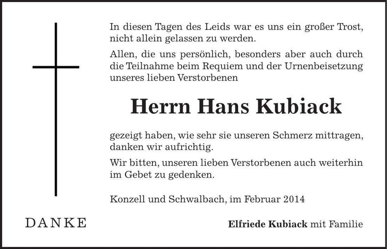 Traueranzeige Hans Kubiack
