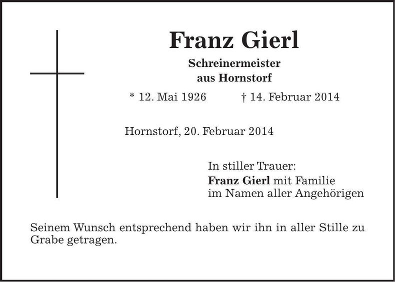Traueranzeige Franz Gierl