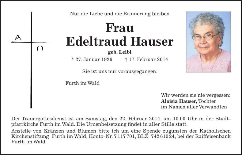 Traueranzeige Edeltraud Hauser