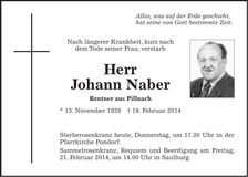 Traueranzeige Johann Naber