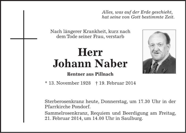 Traueranzeige Johann Naber