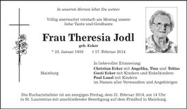 Traueranzeige Theresia Jodl