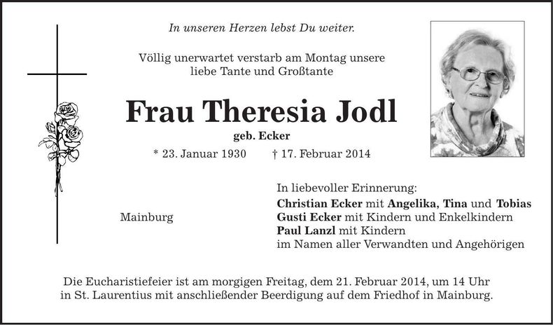 Traueranzeige Theresia Jodl