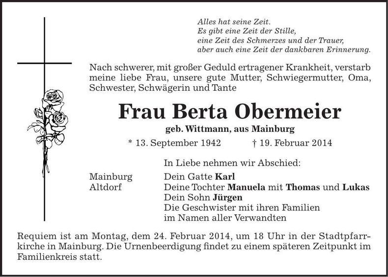 Traueranzeige Berta Obermeier