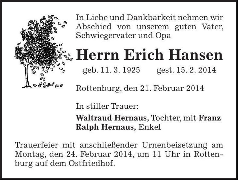 Traueranzeige Erich Hansen