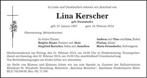 Traueranzeige Lina Kerscher