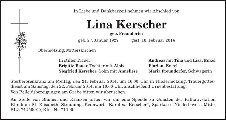 Traueranzeige Lina Kerscher