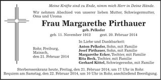 Traueranzeige Margarethe Pirthauer