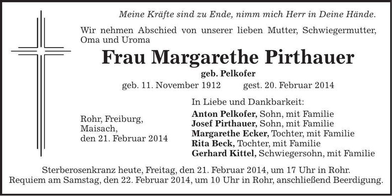 Traueranzeige Margarethe Pirthauer