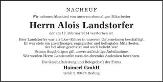 Traueranzeige Alois Landstorfer