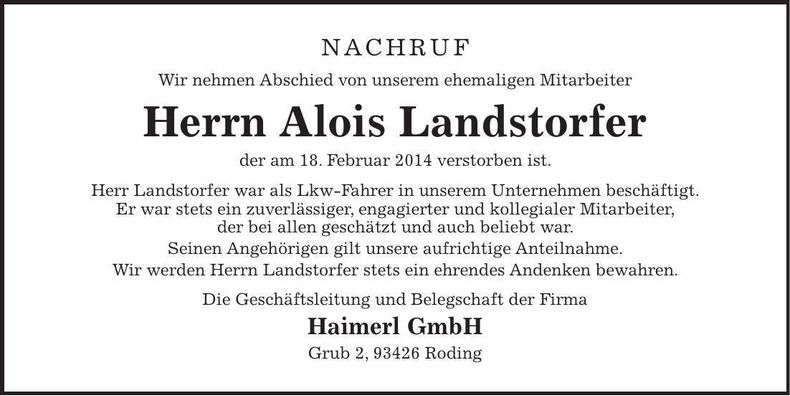 Traueranzeige Alois Landstorfer