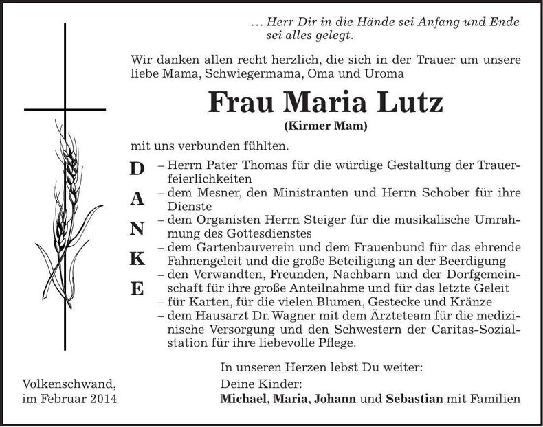 Traueranzeige Maria Lutz