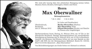 Traueranzeige Max Oberwallner